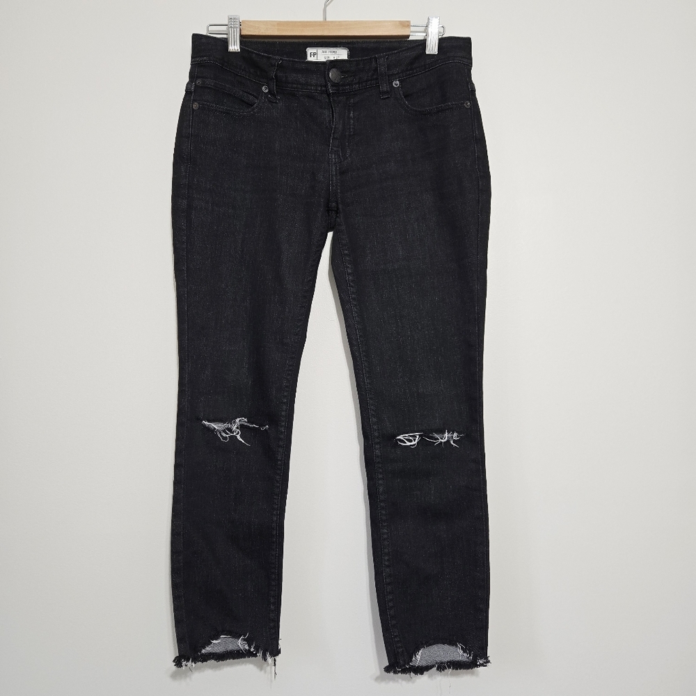 Free People Anthropologie Jeans Size 27 Black Raw Hem Distressed Low-Rise